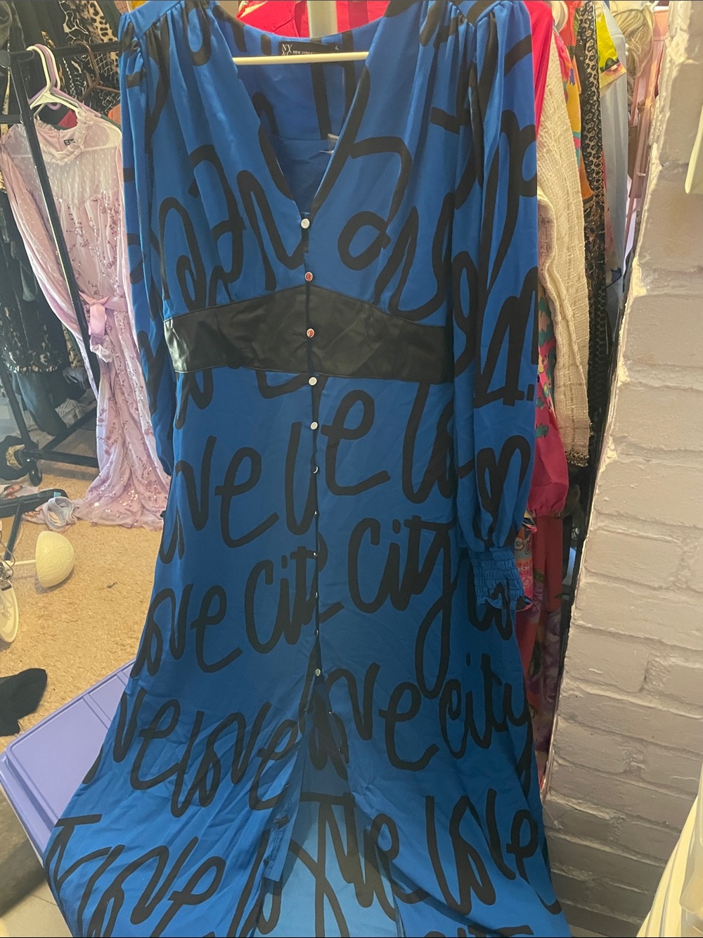 New York & Company Blue Dress with Black Graphic Print